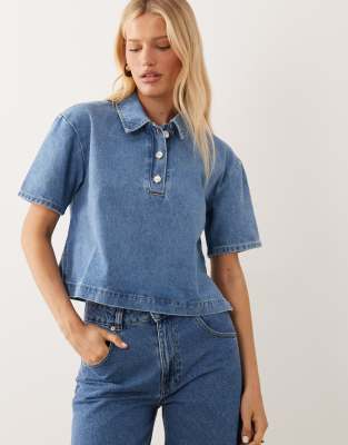 Asos Design Boxy Denim Polo Shirt In Blue