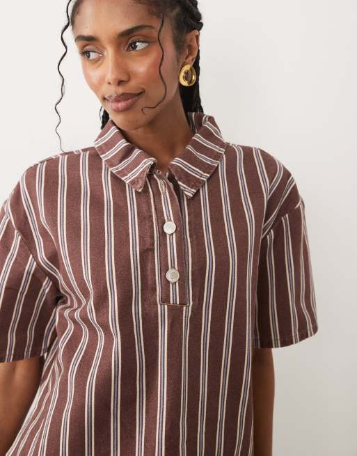 ASOS DESIGN boxy denim polo shirt in brown stripe, 3 of 4