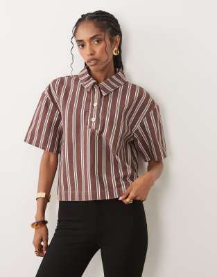Asos Design Boxy Denim Polo Shirt In Brown