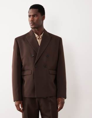 Asos Design Boxy Double Breasted Suit Jacket In Brown