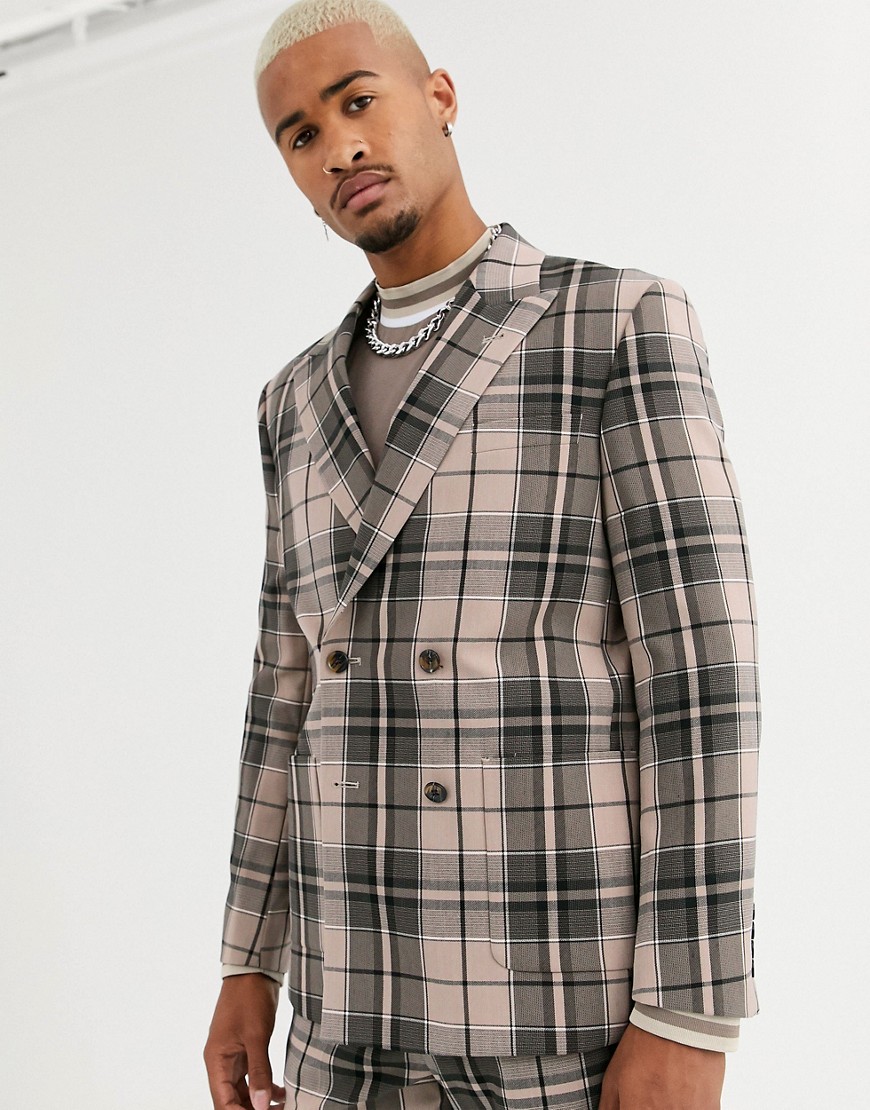 ASOS DESIGN boxy double breasted suit jacket in camel check-Beige