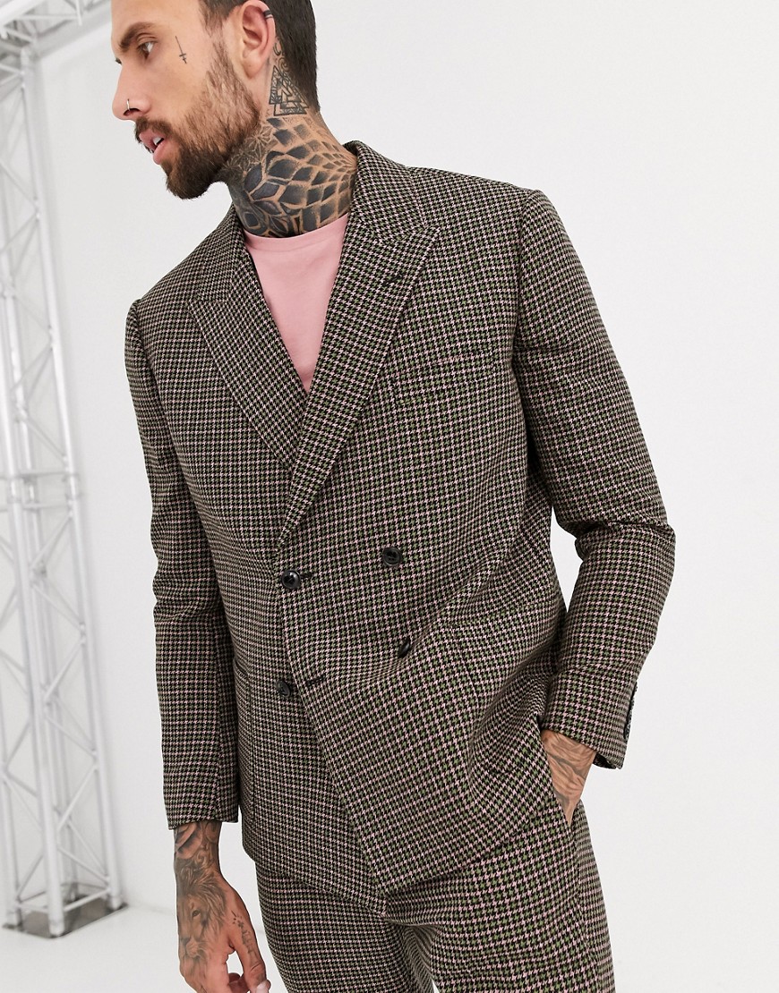 ASOS DESIGN boxy double breasted suit jacket in green and pink houndstooth