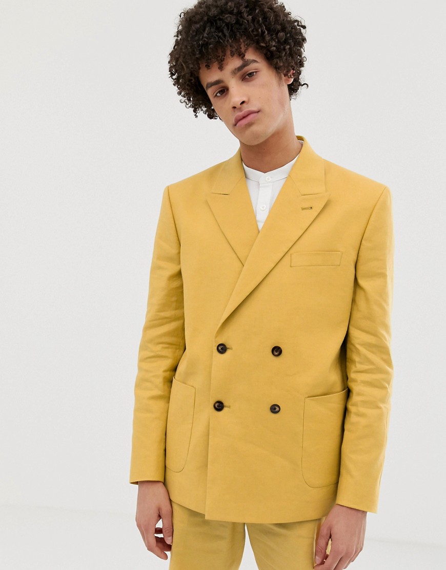 ASOS DESIGN boxy double breasted suit jacket in mustard linen-Yellow