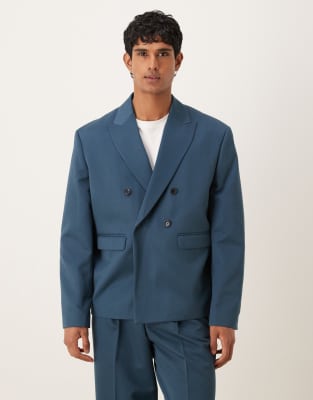 Asos Design Boxy Double Breasted Suit Jacket In Blue
