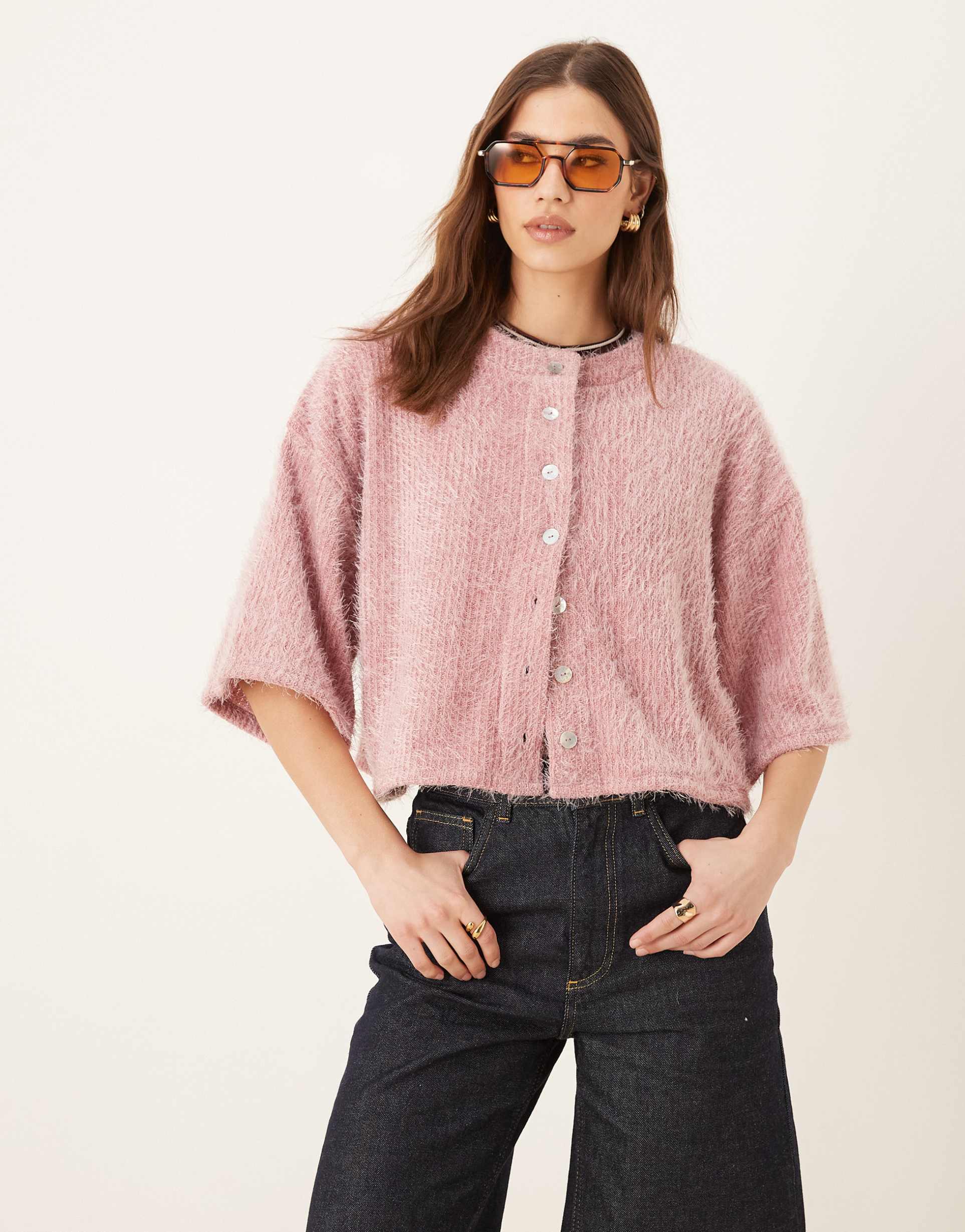 asos design boxy dropped shoulder cardigan in fluffy pink