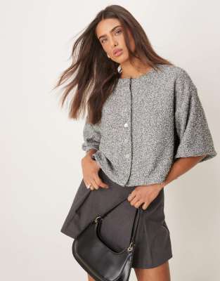 Asos Design Boxy Dropped Shoulder Fluffy Top In Salt And Pepper-multi