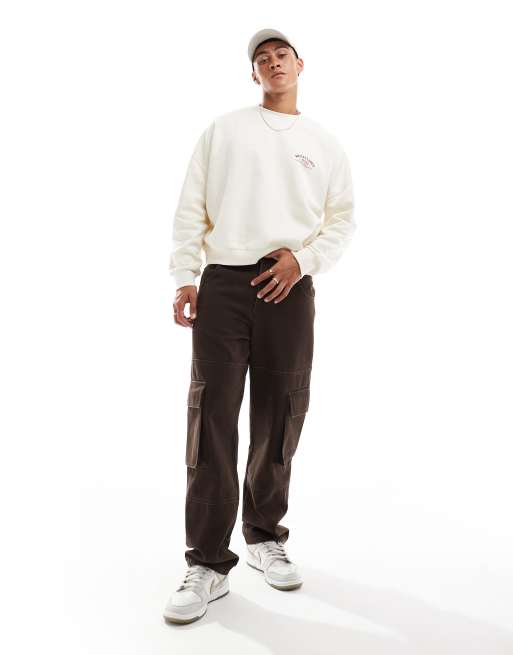 ASOS DESIGN boxy dropped shoulder sweatshirt with chest print in cream, 4 of 4