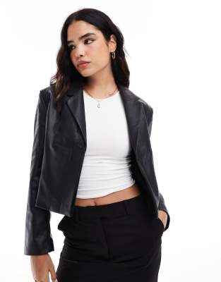 boxy faux leather blazer in black