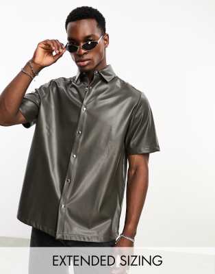 ASOS DESIGN BOXY FAUX LEATHER SHIRT IN BROWN