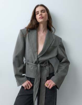 Asos Design Boxy Fit Belted Cropped Jacket-gray