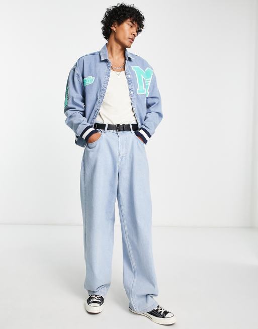 ASOS DESIGN denim varsity jacket in blue and white