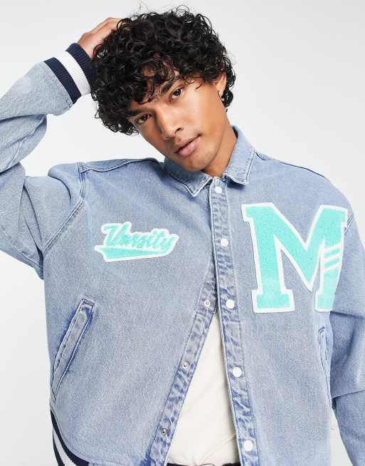 ASOS DESIGN denim varsity jacket in blue and white