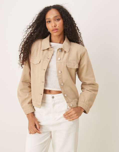 ASOS DESIGN boxy fit denim jacket with shoulder pads in beige - view 1