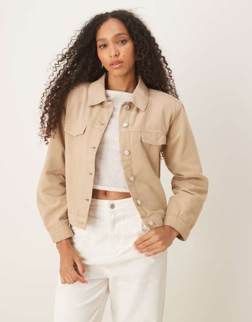 ASOS DESIGN boxy fit denim jacket with shoulder pads in beige