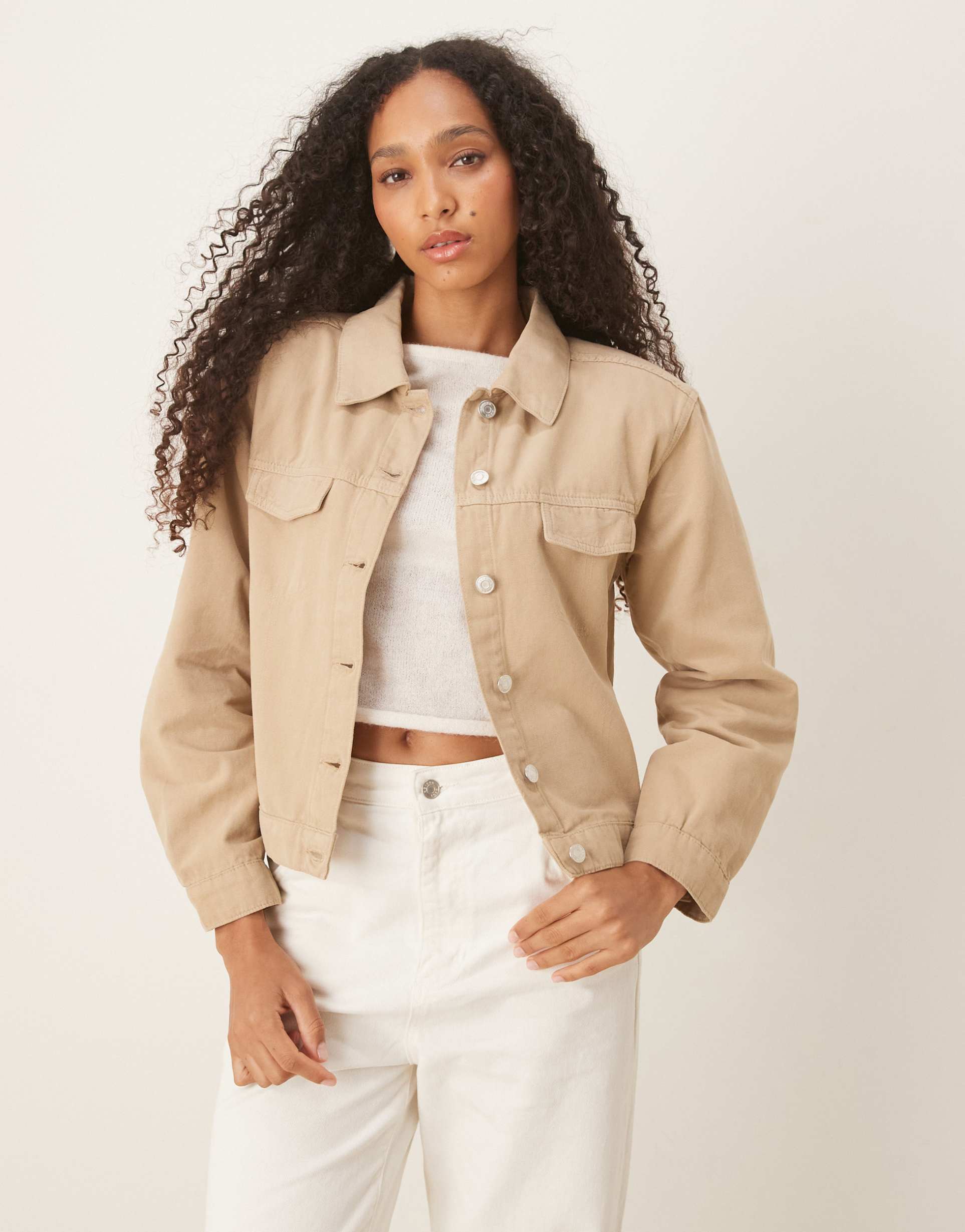 asos design boxy fit denim jacket with shoulder pads in dark brown