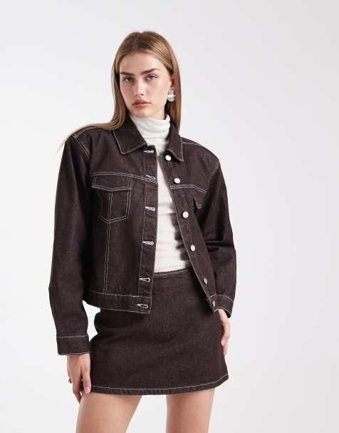 ASOS DESIGN boxy fit denim jacket with shoulder pads in dark brown - view 1