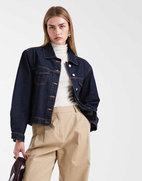 ASOS DESIGN boxy fit denim jacket with shoulder pads in mid blue - view 1