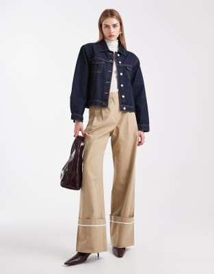 Asos Design Boxy Fit Denim Jacket With Shoulder Pads In Blue