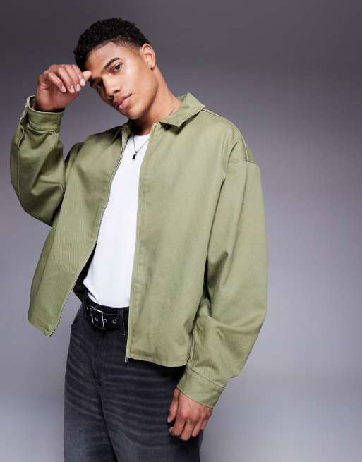 ASOS DESIGN – Boxy-Fit-Harrington-Jacke in verwaschenem Grün mit Oversize-Schnitt