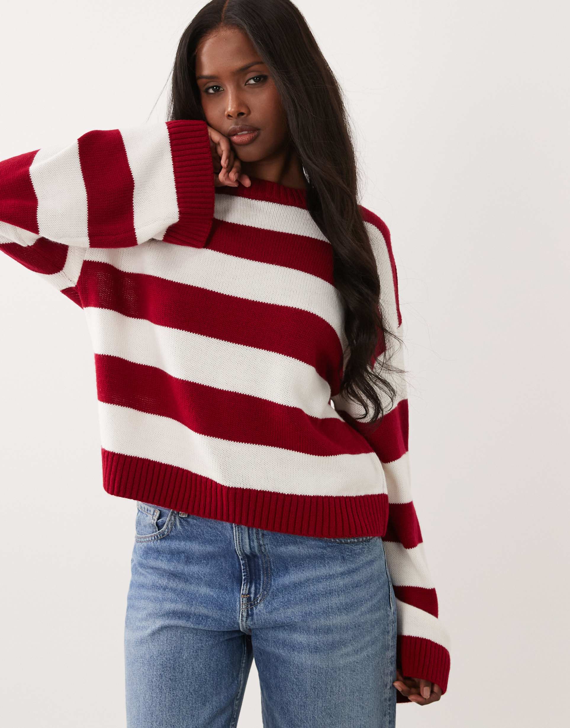 asos design boxy fit knit sweater in red and ecru wide stripes