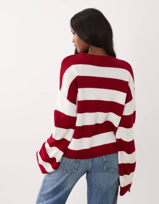 ASOS DESIGN boxy fit knit sweater in red and ecru wide stripes, 4 of 4