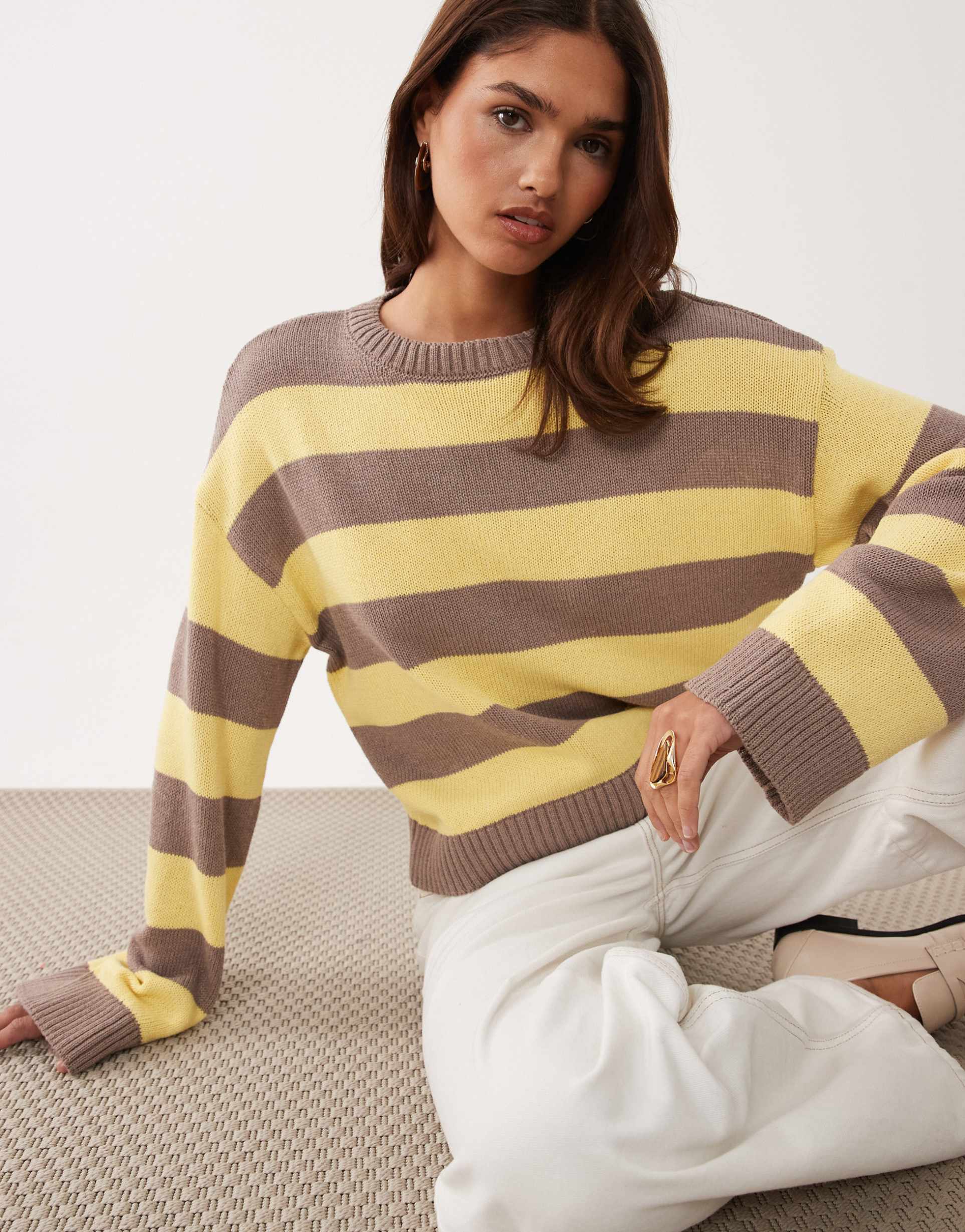 asos design boxy fit knit sweater in yellow and brown wide stripes