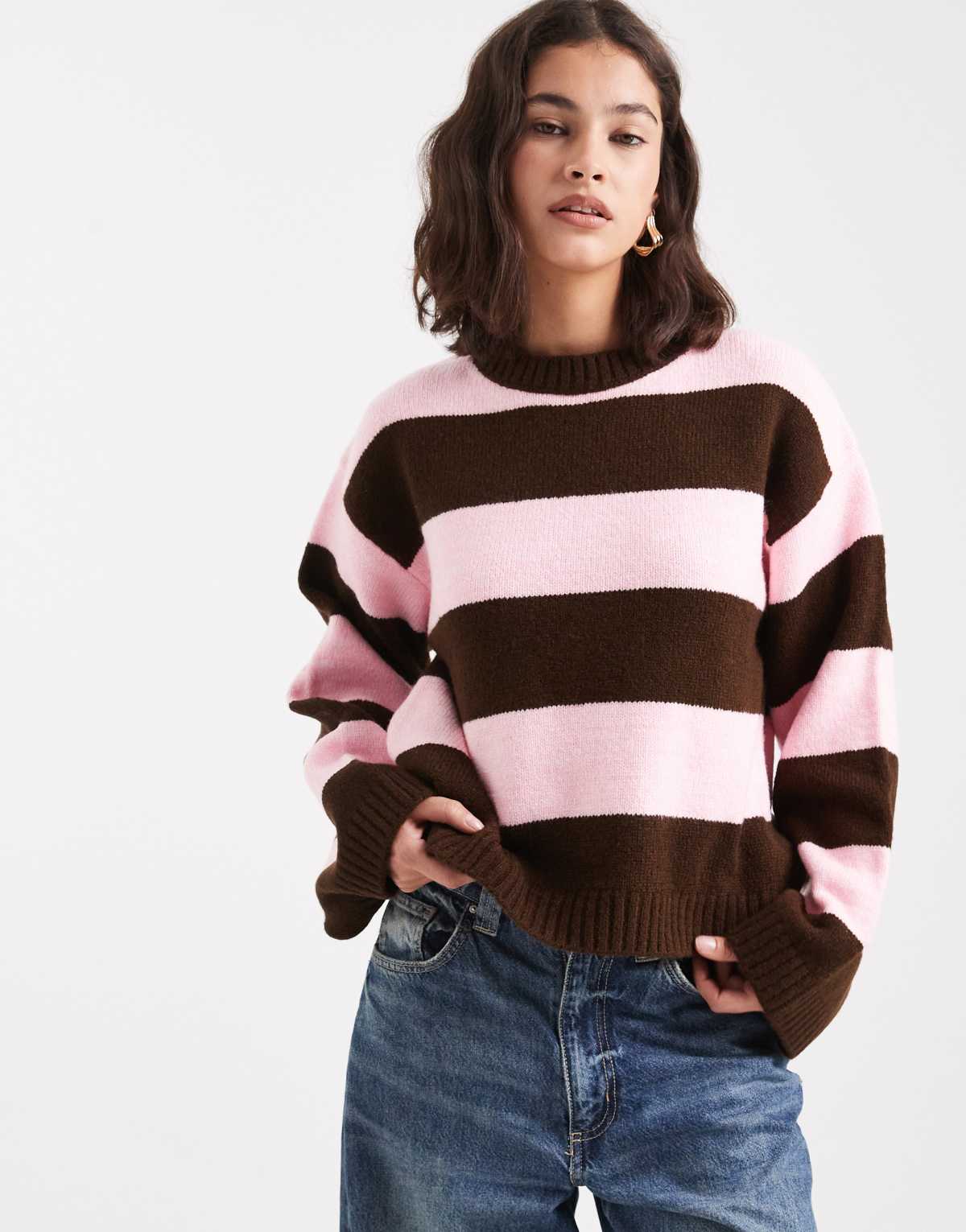 ASOS DESIGN boxy fit knitted jumper in wide stripe in brown and pink