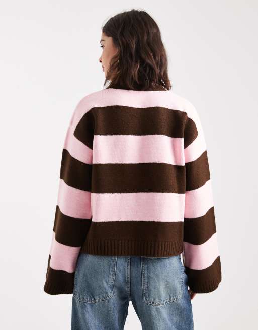 ASOS DESIGN boxy fit knitted jumper in wide stripe in brown and pink, 2 of 4