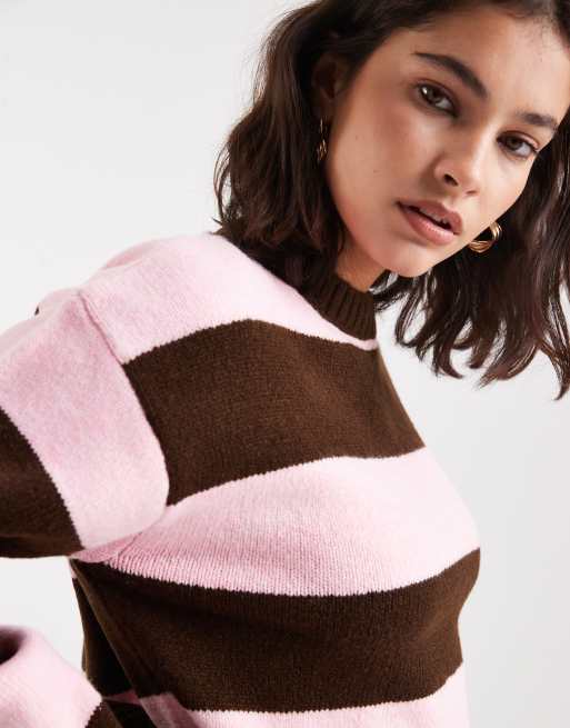 ASOS DESIGN boxy fit knitted jumper in wide stripe in brown and pink, 3 of 4