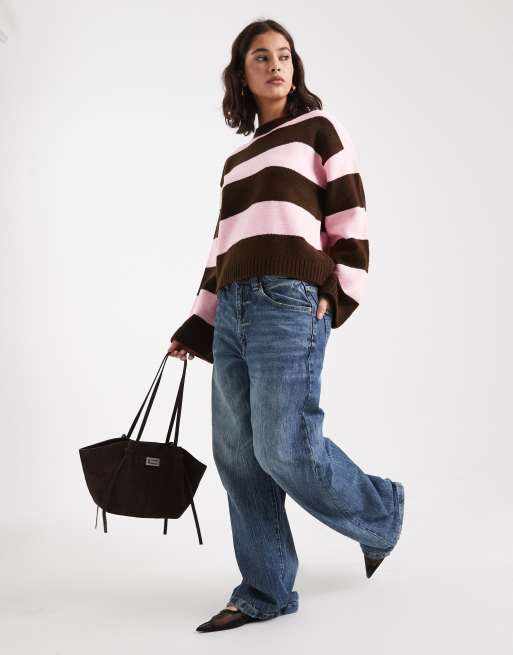 ASOS DESIGN boxy fit knitted jumper in wide stripe in brown and pink, 4 of 4