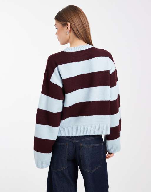 ASOS DESIGN boxy fit knitted jumper in wide stripe in plum and blue, 4 of 4