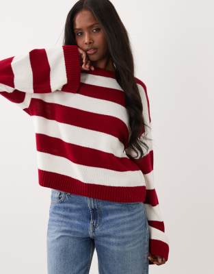 ASOS DESIGN boxy fit knitted jumper in wide stripe in red and ecru-Multi