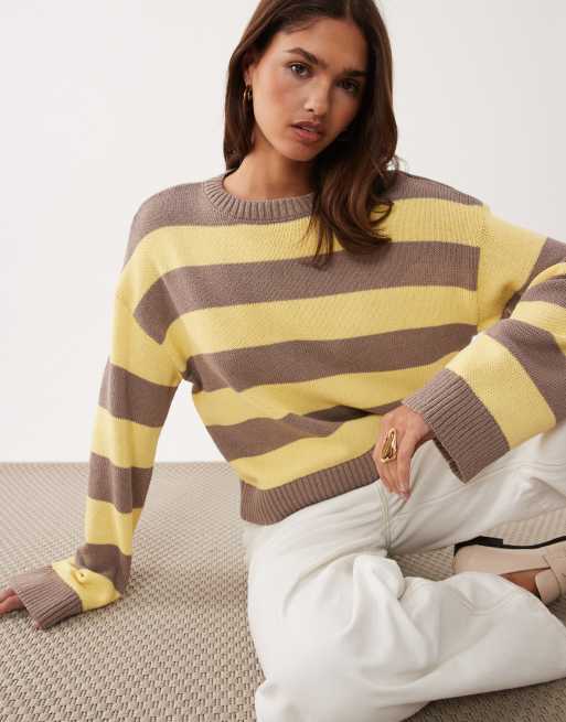 ASOS DESIGN boxy fit knitted jumper in wide stripe in yellow and brown, 2 of 4
