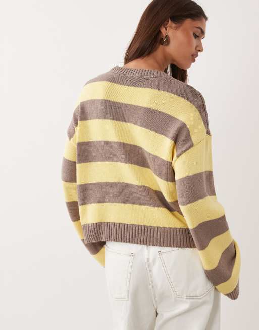 ASOS DESIGN boxy fit knitted jumper in wide stripe in yellow and brown, 3 of 4