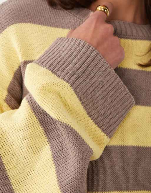 ASOS DESIGN boxy fit knitted jumper in wide stripe in yellow and brown, 4 of 4