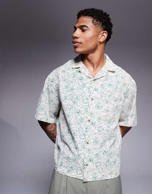 ASOS DESIGN – Boxy Fit Oversize-Hemd in Stein mit Blumenprint, Leinen-Optik und Reverskragen