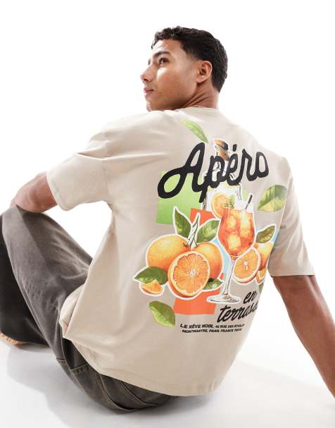 ASOS DESIGN – Boxy Fit Oversize-T-Shirt in Beige mit Drink-Grafik - view 1