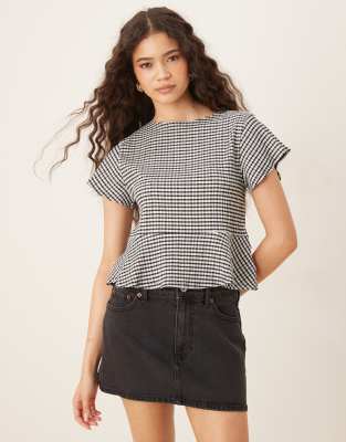 ASOS DESIGN boxy fit ruffle detail top in black gingham - view 1