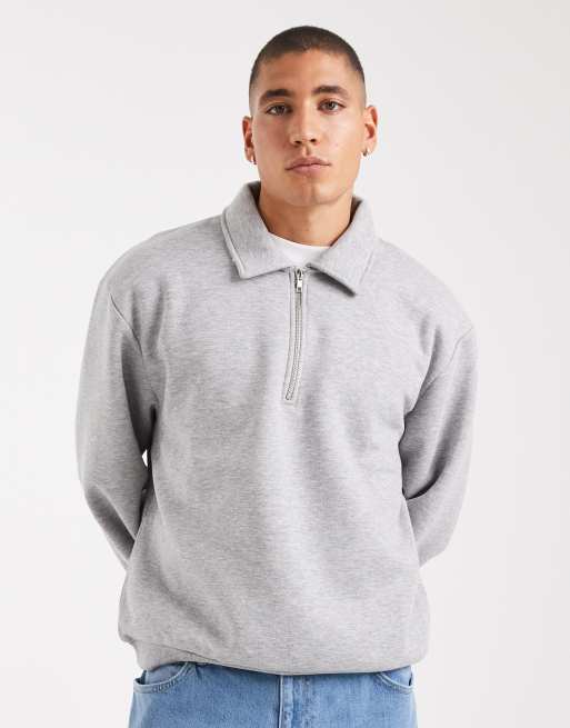 ASOS DESIGN – Boxy Fit Rugby-Sweatshirt in Grau mit kurzem Reißverschluss