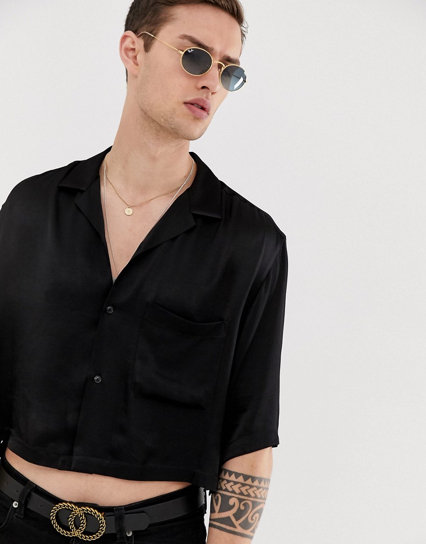 ASOS DESIGN boxy fit satin shirt in black with double pockets & revere collar
