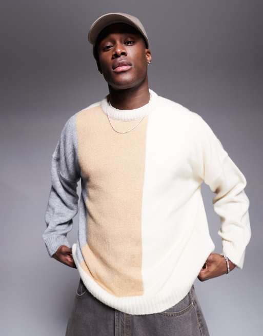 ASOS DESIGN – Boxy Fit Super-Oversize-Pullover in Beige mit Farbblock-Design und Rundhalsausschnitt