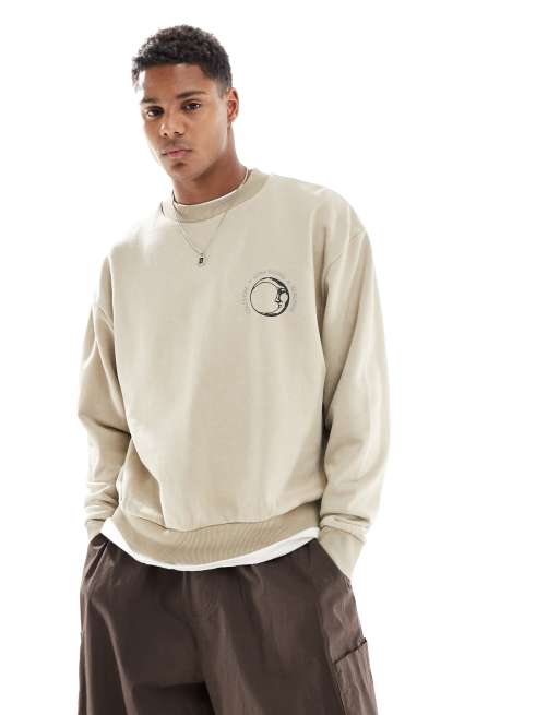 ASOS DESIGN boxy fit sweatshirt with print in washed beige ASOS