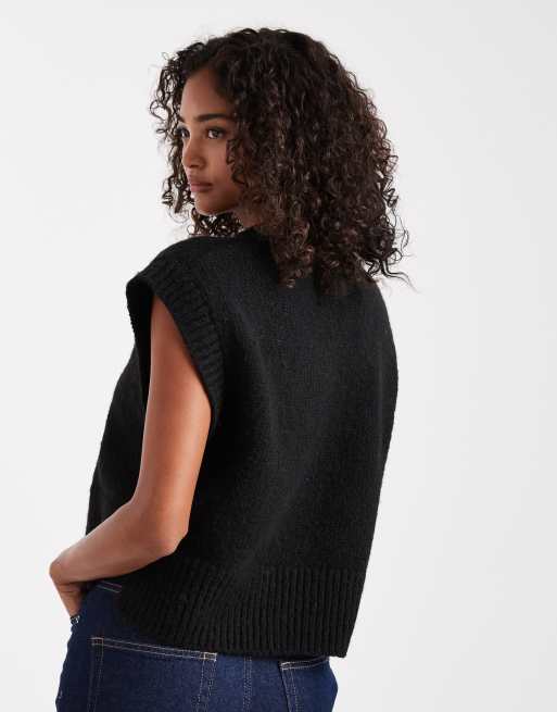 ASOS DESIGN boxy fluffy v neck tank in black, 4 of 4