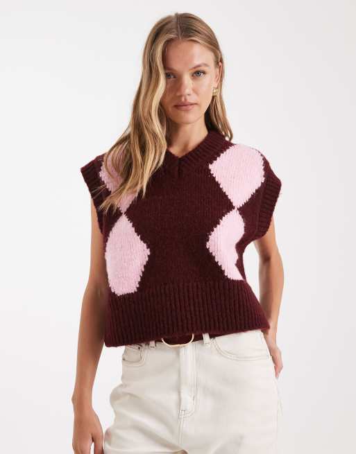 ASOS DESIGN boxy fluffy v neck tank in burgundy