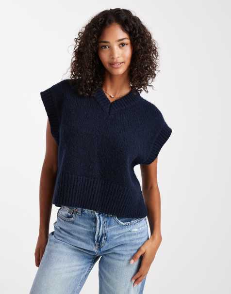 ASOS DESIGN boxy fluffy V-neck tank in navy - view 1