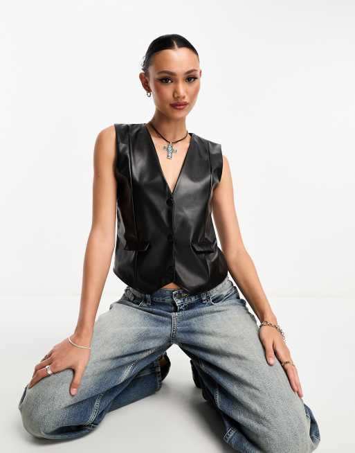 ASOS DESIGN - Boxy gilet van imitatieleer in zwart