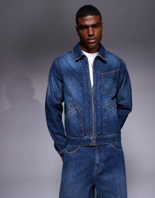 Asos Design Boxy Harrington Denim Jacket In Blue