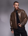 [ASOS DESIGN] ASOS DESIGN boxy harrington faux leather jacket in washed brown S BROWN