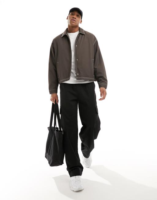 ASOS DESIGN boxy Harrington jacket in brown with contrast stitch