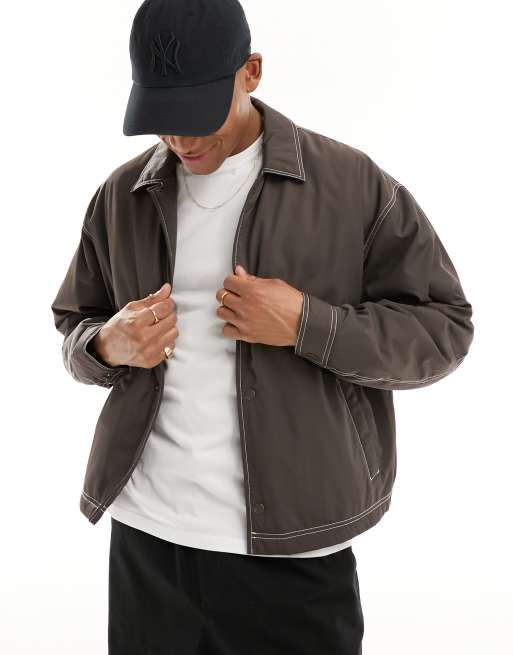 ASOS DESIGN oversized cropped coach jacket in brown with contrast stitch